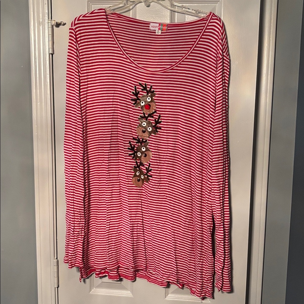 Merry Wear Ref & White Striped Holiday Reindeer Top
